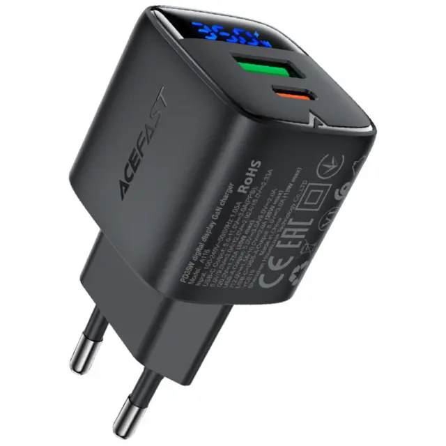 Φορτιστής Ταξιδίου Acefast A116 Fast Charging USB-C PD35W GaN με Digital Ένδειξη Μαύρος
