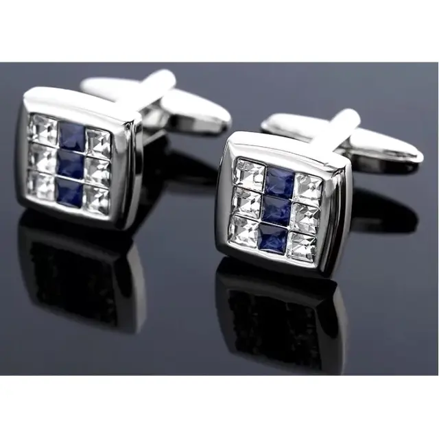Ασημί Σχεδιαστικά Μανικετόκουμπα με Μπλε Zircon και Στρας – LGD-DK-06 3