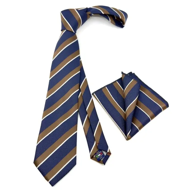 Navy - Μπλε Ριγέ Γραβάτα Microfiber Σετ με Μαντήλι 7,5 cm Modern Fit Σχέδιο 364 2