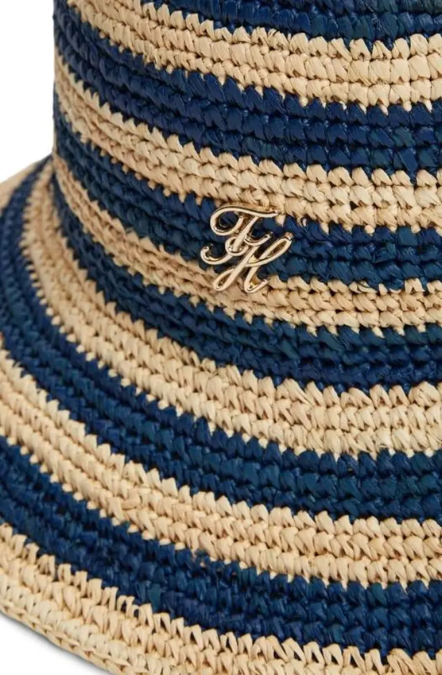 Tommy Hilfiger Γυναικείο Μεσαίο Καπέλο Bucket Logo Striped Raffia Μπλε/Μπεζ 3