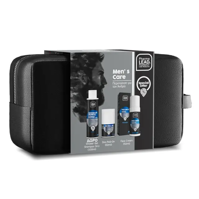 Pharmalead | Promo Men's Care Σετ Περιποίησης για τον Άνδρα με Κρέμα Προσώπου 3σε1, 50ml, Αποσμητικό Roll-On, 50ml & Δώρο Ανδρικό Σαμπουάν - Αφρόλουτρο 3σε1, 100ml & Νεσεσέρ | 1σετ