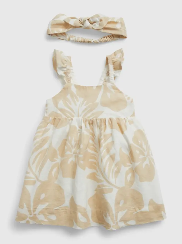 Μπεζ Βρεφικό Linen-Cotton Floral Φόρεμα Σετ SP FDAY FLR KHAKI - 6-12M