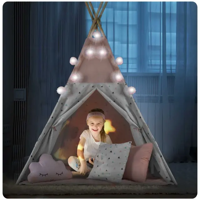 Nukido Παιδική σκηνή Teepee με γιρλάντα και φως σε ροζ χρώμα 120x120x165cm 2
