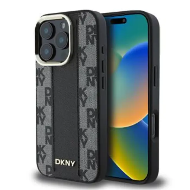 DKNY PU Leather Checkered Pattern Magsafe Case for iPhone 16 Pro Black