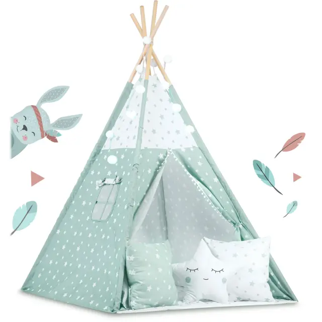 Nukido Παιδική σκηνή Teepee με γιρλάντα και φως χρώμα Μέντα με μοτίβο Αστεράκια 120x120x165cm 2