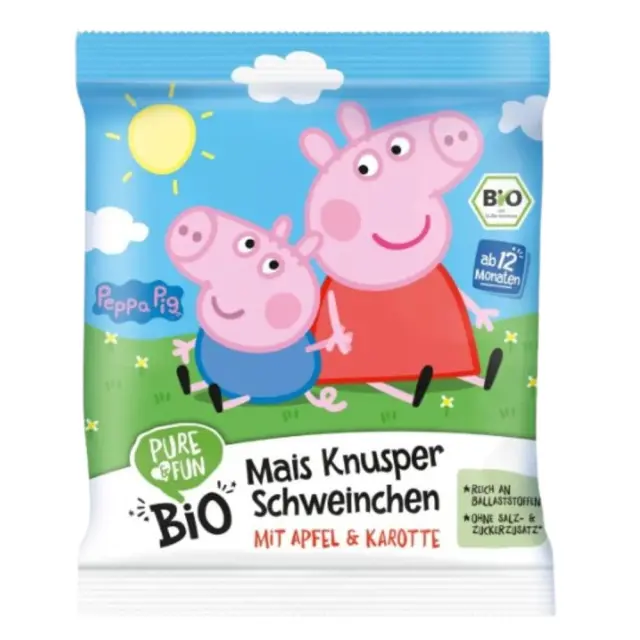 Βιολογικό Σνακ Καλαμποκιού Peppa Pig Μήλο Καρότο (+12 μηνών) 30g - Pure & Fun