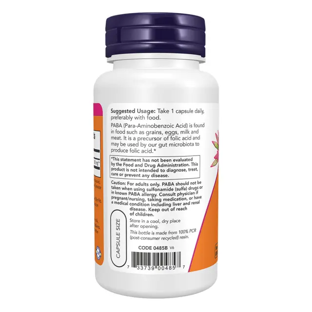 NOW PABA 500mg 100 Φυτικές Κάψουλες 3