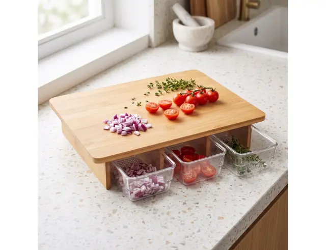 Ξύλινη επιφάνεια κοπής Cook Concept με 3 συρτάρια συλλογής, από Ξύλο Bamboo, 30 x 25 x 7 cm KD3290