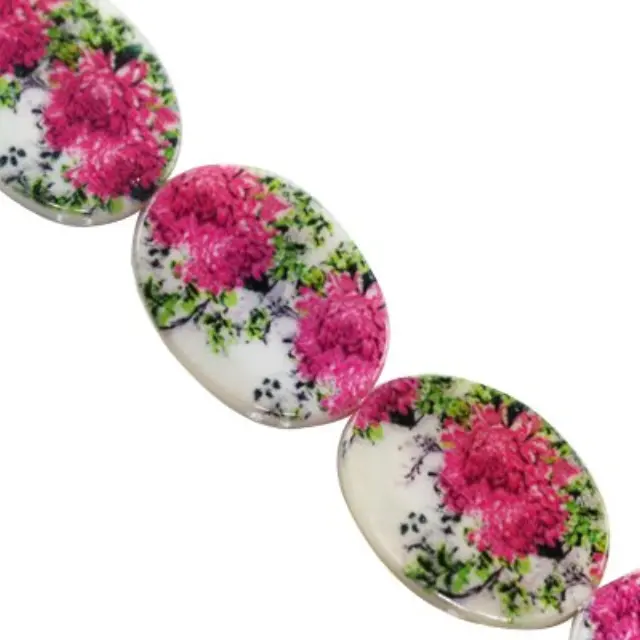Mother of Pearl Οβαλ Πλακέ Peonies 18x25mm ~15τεμ