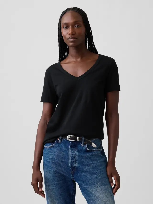 Μαύρη Vintage V-Neck Μπλούζα από Οργανικό Βαμβάκι True black - XS