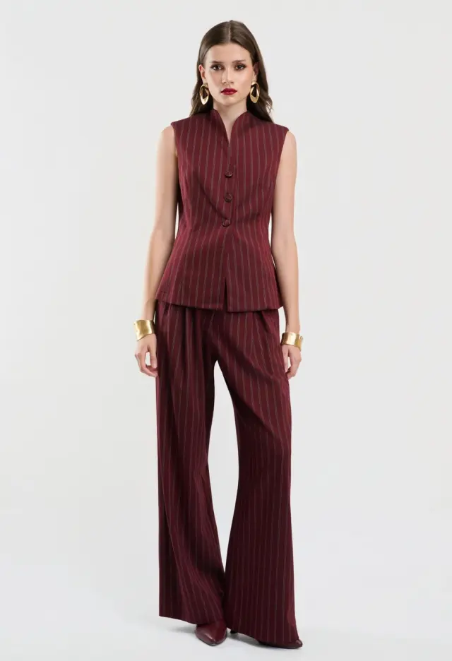 DESIREE Ριγέ Wide Leg Παντελόνι με Πιέτες Μπορντό