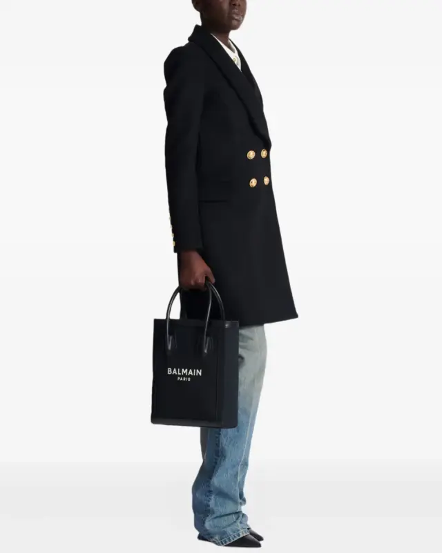 Balmain FN6FB661TCOU-EAB Γυναικεία Canvas Tote Τσάντα Μαύρη με Δερμάτινες Λεπτομέρειες - One Size 2