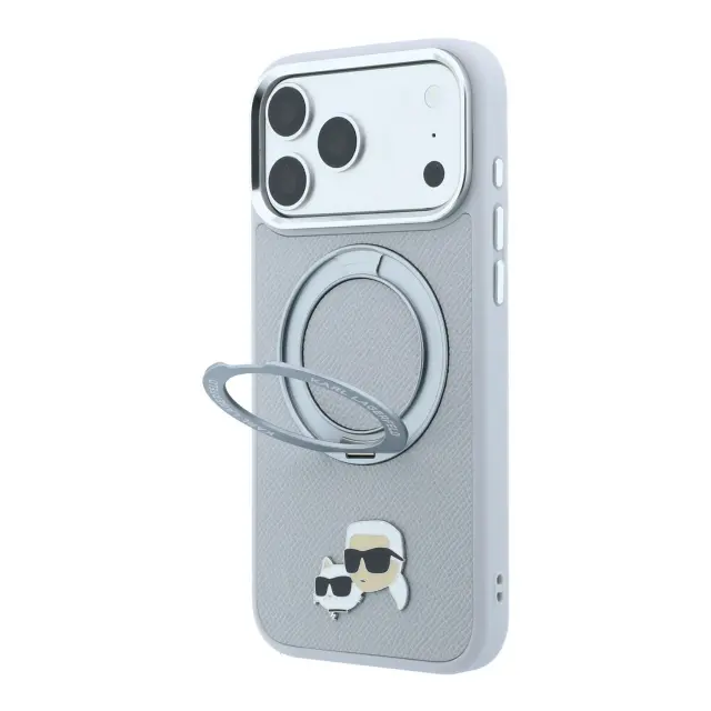Karl Lagerfeld PU Grained K&CH Heads Ring Stand Magsafe Case for iPhone 18 Pro Max Grey 2