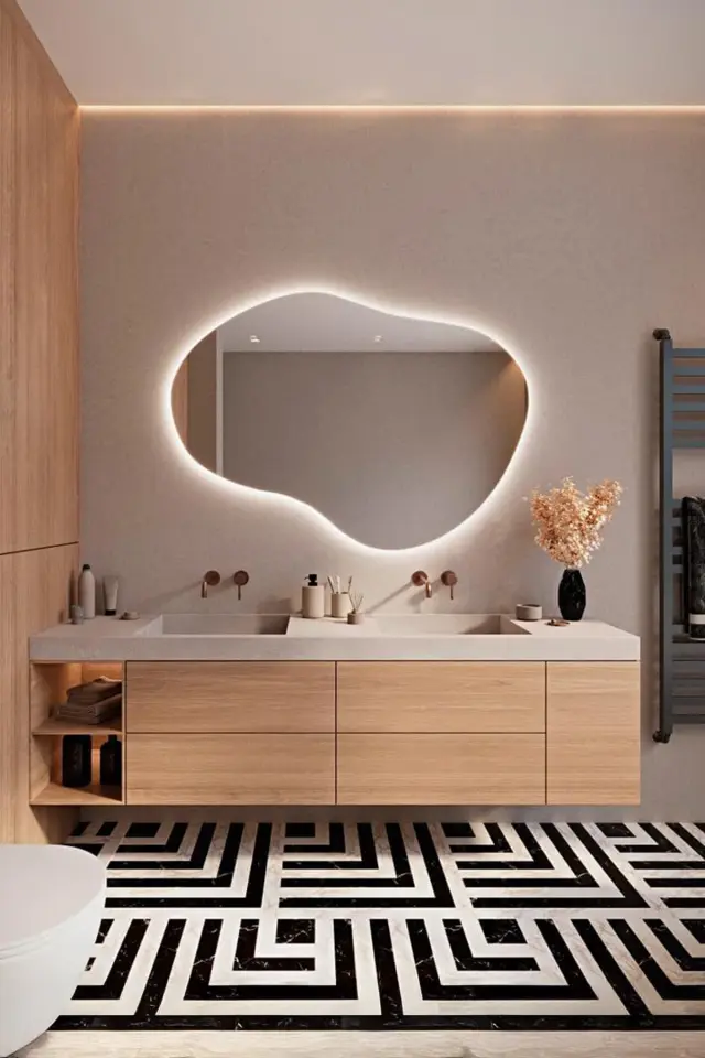 Stewehome Ασύμμετρος καθρέφτης μπάνιου με LED φωτισμό και μοντέρνο σχεδιασμό 110x80 cm
