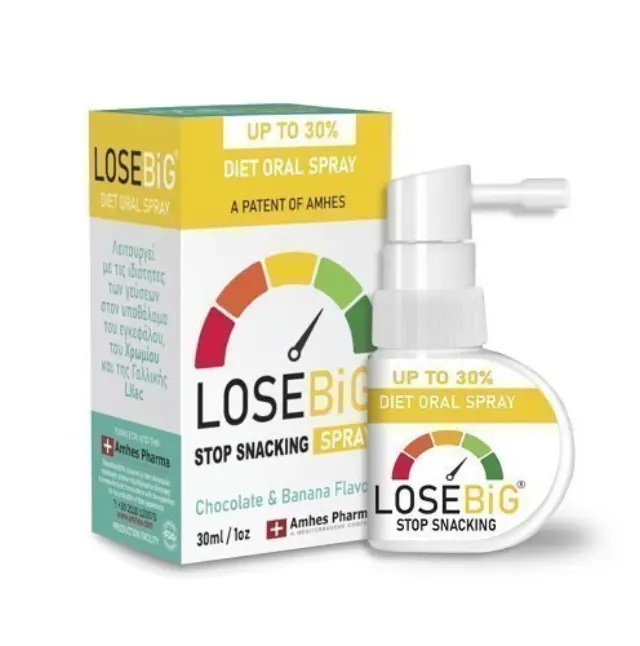 AMHES PHARMA- LOSEBIG Stop Snacking Diet Oral Spray Chocolate & Banana 30ml (Συμπλήρωμα Διατροφής που Περιορίζει τη Λιγούρα - Γεύση Σοκολάτα Μπανάνα) Hμ λήξης 2/2027