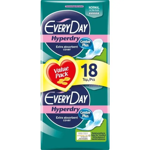 EVERY DAY Hyperdry Normal Ultra Plus Value Pack Πολύ Λεπτές Σερβιέτες Έξτρα Απορροφητικές, Ιδανικές για Κανονική Ροή 18 Τεμάχια