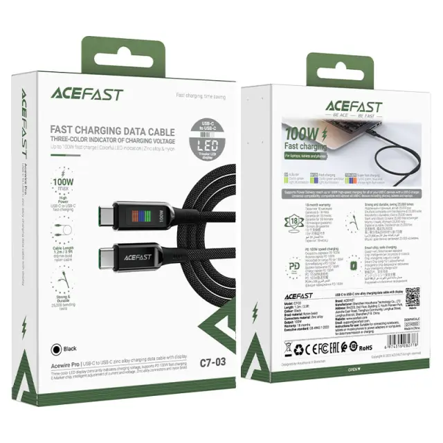 Καλώδιο Σύνδεσης Acefast C7-03 Μεταλλικό USB-C σε USB-C 100W 20V/5A με Ενδειξη Τάσης Braided Μαύρο 1.2m. 2