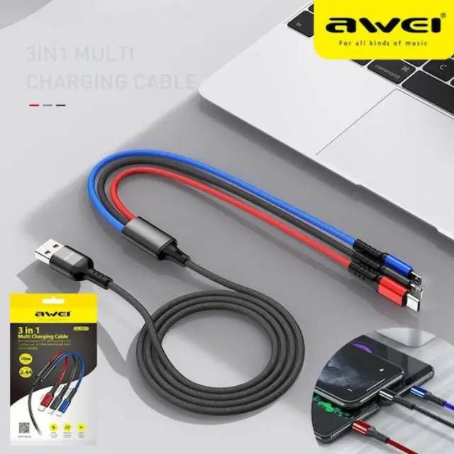 Awei CL-971 Braided USB to Lightning / Type-C / micro USB 1.2m 2.4A Cable (x24785) 2