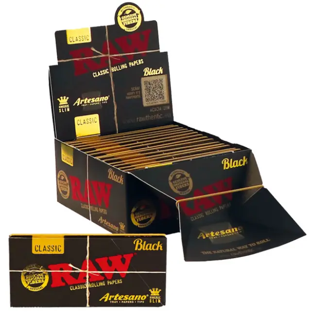 RAW Artesano Χαρτάκια Black Classic - Ακατέργαστο - King Size Slim με Τζιβάνες και Δισκάκι 15τεμ.