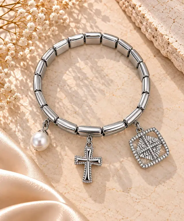 Silver Stainless Steel Bracelet with Byzantine Charm, Cross & Pearl