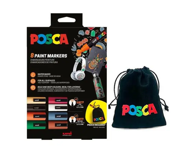 Μαρκαδόροι Σχεδίου Uni Posca PC3M, PC5M με πάχος μύτης 0.9-1.3mm, 1.8-2.5mm & Πάνινο Πουγκί - 9 τεμάχια