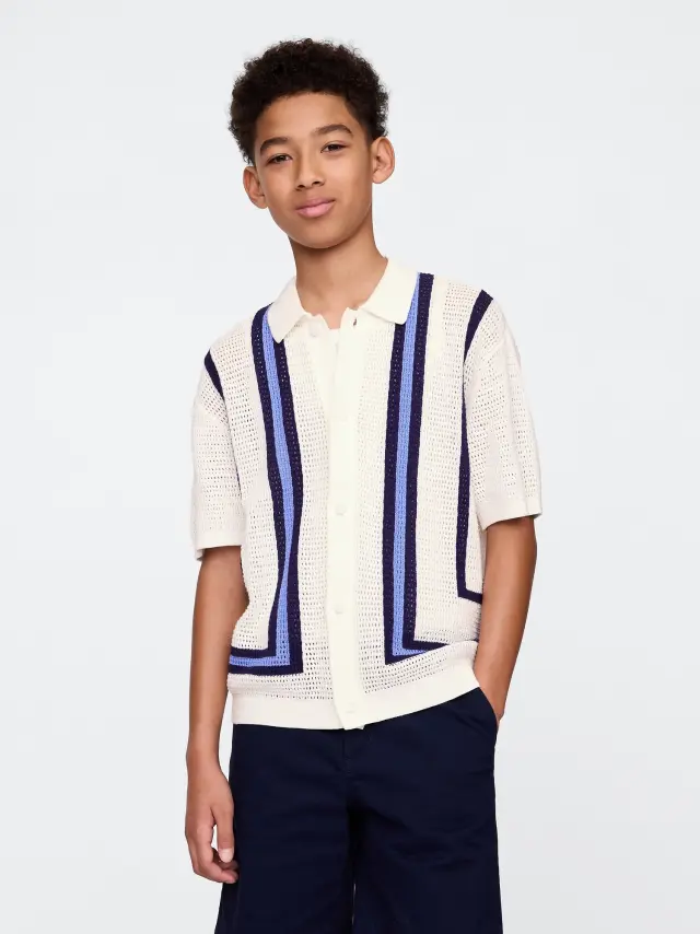 Παιδικό Relaxed Crochet Πουκάμισο Off white stripe