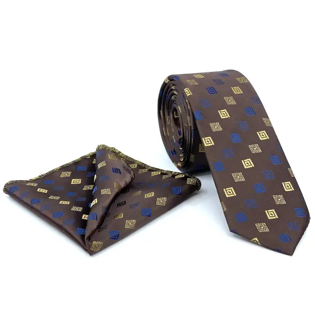 Γραβάτα Microfiber σε Καφέ Μοτίβο Σετ με Μαντηλάκι