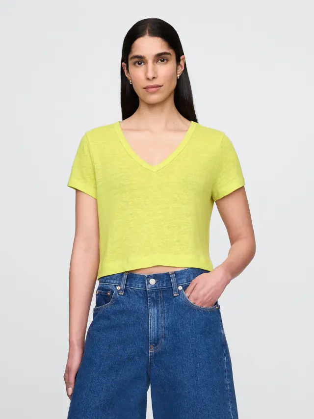 Μπλούζα με V λαιμόκοψη από Λινό Limeade green