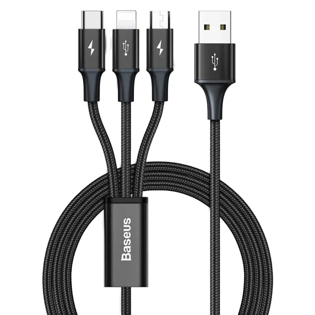 Mobile Charging Cable 3in1 USB to Type-C Lightning Micro-USB 3.5A 1.2m Black