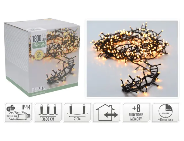 1800 Φωτάκια LED - 36 Μέτρα + 3 Μέτρα σύνδεσης, Κανονική Διάταξη, με χειριστήριο, 8 προγράμματα, Πράσινο καλώδιο PVC - Extra Θερμό Λευκό AX8560370