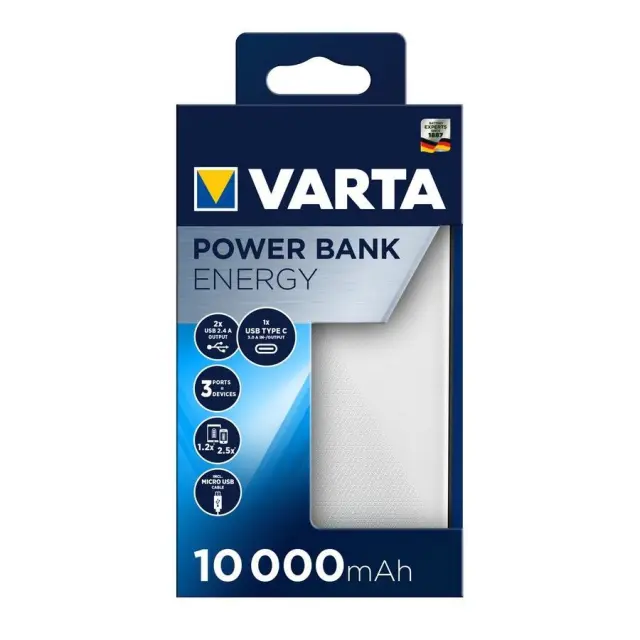 Varta Energy Power Bank 10000mAh με 2 Θύρες USB-A και Θύρα USB-C Λευκό