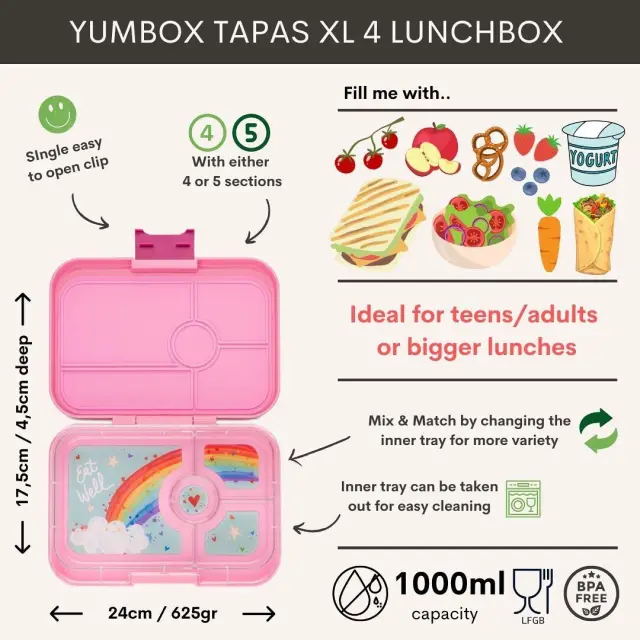 Φαγητοδοχείο Tapas με 4 χωρίσματα Capri Pink/Rainbow- Yumbox 2
