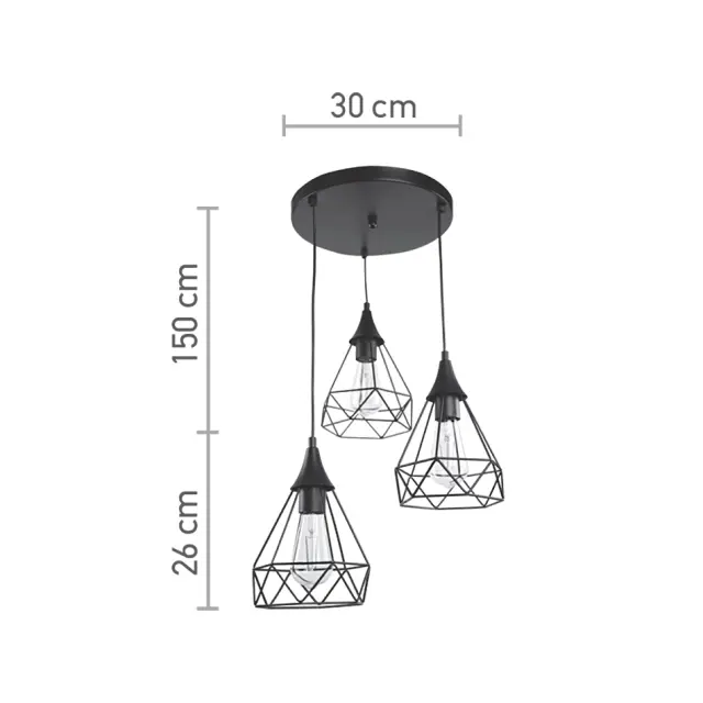 InLight Κρεμαστό φωτιστικό από μαύρο μέταλλο 3XE27 D: 30cm (4024-3-BL-ROSETTE) 2