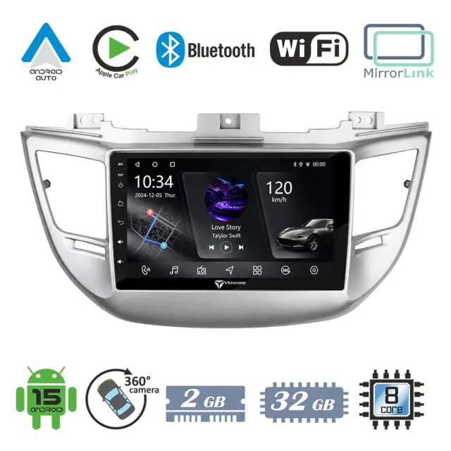VenCore Οθόνη Multimedia Android 15 9" PX5S Octa-Core 2GB/32GB IPS με Πρόσοψη, CarPlay, Android Auto και Υποστήριξη Κάμερας 360° για Hyundai Tucson 2015-2018 – Ασημί (3236-10005-0068S)