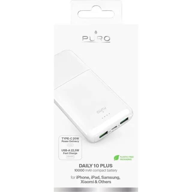 Puro® Daily 10 Plus Powerbank με 2xUSB-A/1xUSB-C 10000mAh 22.5W- White. 2
