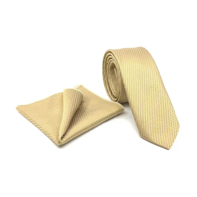 Χρυσαφί–Μπεζ Γραβάτα Μικρό Καρό Microfiber Σετ με Μαντήλι 6,5 cm