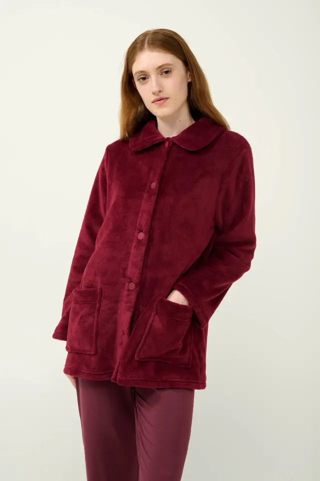 Κουμπωτή Κοντή Γυναικεία Ρόμπα Fleece Vamp 23358 RED PORTO