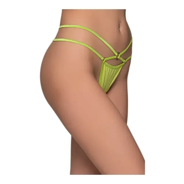 Milena Γυναικείο Micro G-String Γυαλιστερό με Διπλά Λάστιχα & Κρικάκια, Χρώμα Lime 3