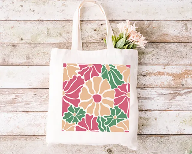 Τσάντα πάνινη υφασμάτινη εκρού με σχέδιο flowers 70s (02) διαστάσεις: 38x40cm μαζί με τα χερούλια 38x70cm