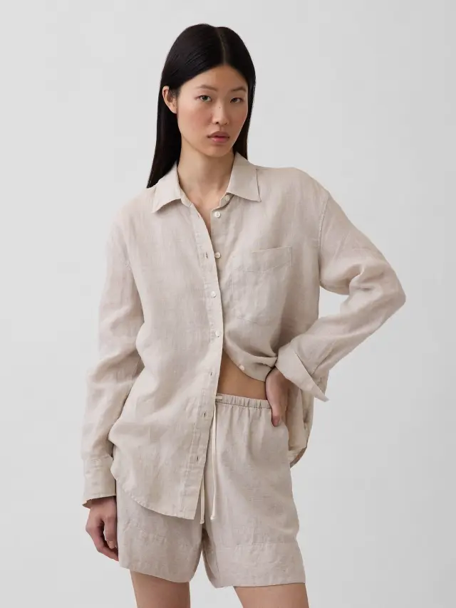 Γυναικείο Πουκάμισο Oversized απο 100% Λινό Ύφασμα Flax beige