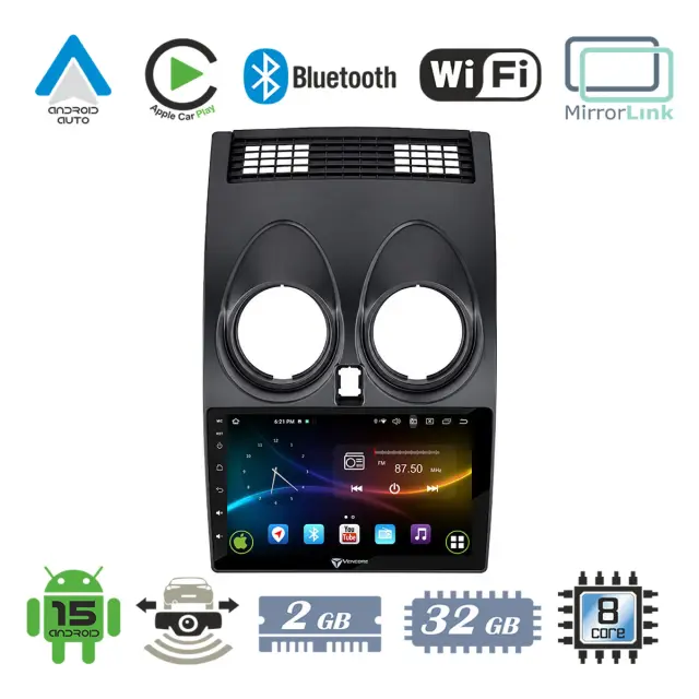 VenCore Οθόνη Multimedia Android 15 9" 9109A MTK6762 Octa-Core 2GB/32GB IPS με Πρόσοψη, CarPlay, Android Auto και Υποστήριξη Κάμερας Οπισθοπορείας AHD για Nissan Qashqai J10 2006-2013 – Μαύρη (3236-10007-0264AB)