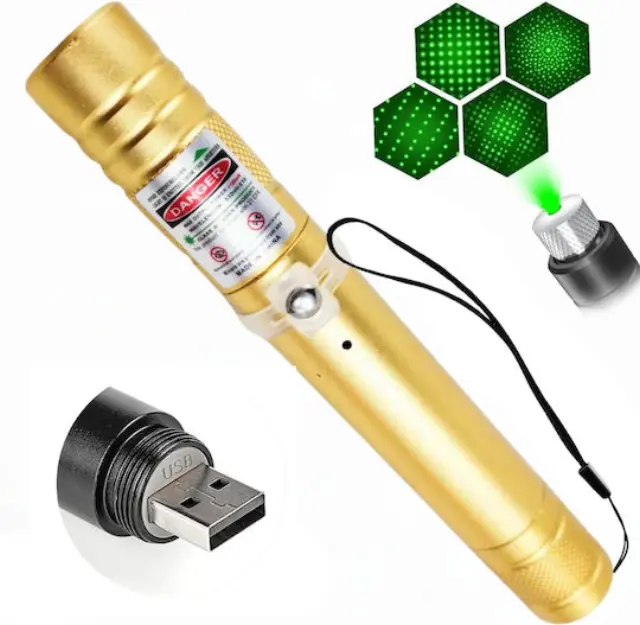 Professional Green Laser Pointer with Long Range, Light Show, Rechargeable, USB, for Office and Construction Presentations