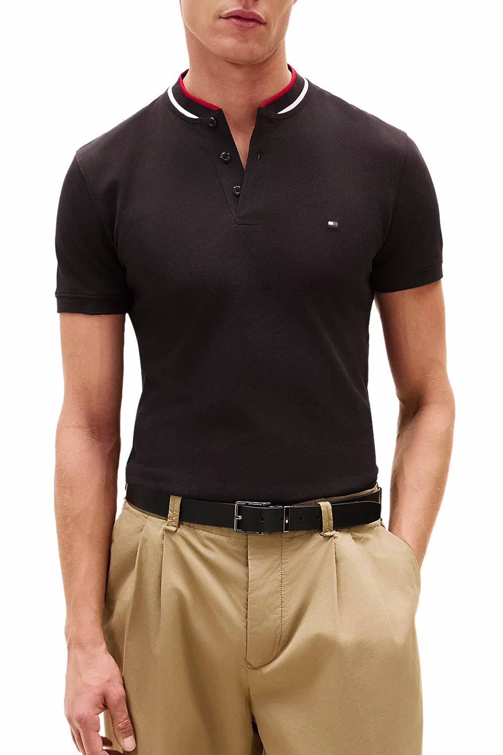 Tommy Hilfiger Ανδρικό Σκούρο Μπλε T-shirt με κόκκινο άσπρο μάο γιακά Μπλε Σκούρο