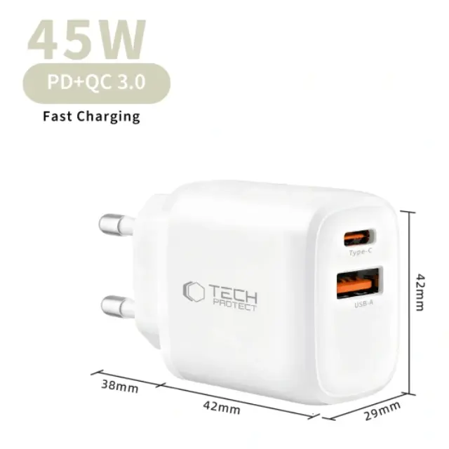 Tech-protect Nca45w-gan 2-port Network Charger Pd 45w / Qc3.0 White 2