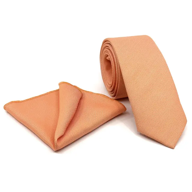 Κοραλί Light Coral Γραβάτα Oxford 6,5 cm με Ασορτί Μαντήλι