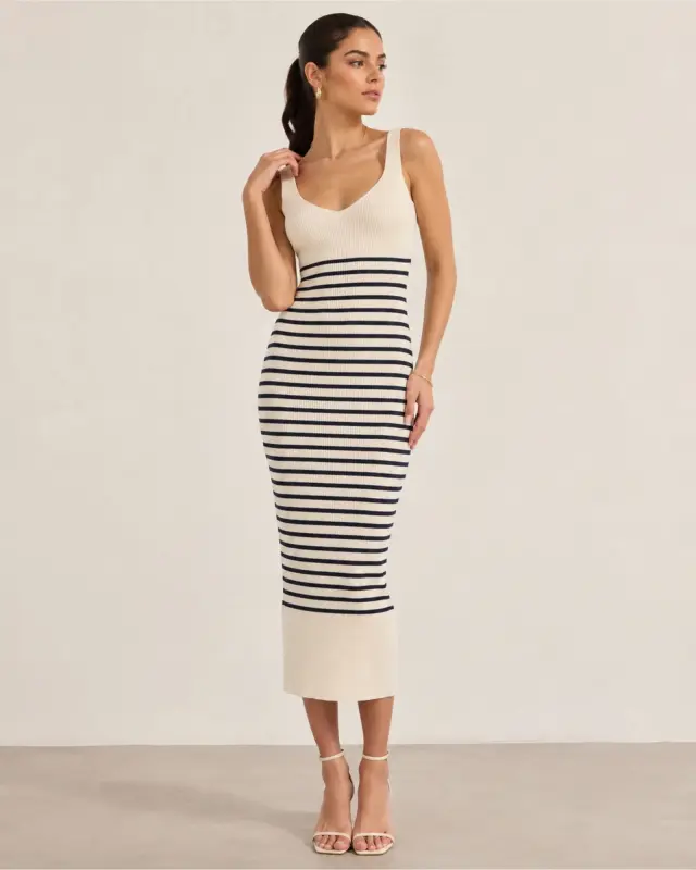 Pretty Lavish Maria MARSKDRECAN Knit Φόρεμα Midaxi Cream & Navy - XS 2