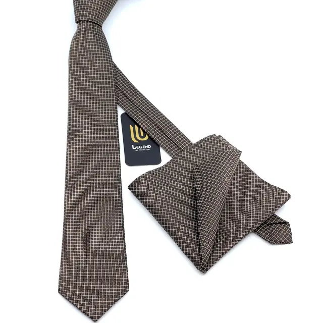 Καφέ - Λευκή Σχεδιαστική Γραβάτα Microfiber Σετ με Μαντήλι 2