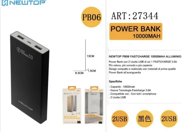 NEWTOP Powerbank PB06 FASTCHARGE 10000mAh σε ΜΑΥΡΟ Χρώμα 2