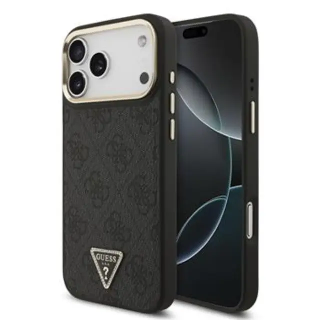 Guess PU Leather 4G Strass Triangle Logo Gold Frame MagSafe Case for iPhone 17 Pro Max Black