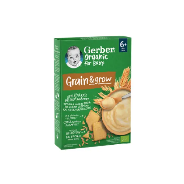 Gerber Organic For Baby Grain & Grow 6m+ Βρεφικά Δημητριακά με Σιτάρι και Βρώμη και Γεύση Μπισκότο Χωρίς Ζάχαρη, 200gr